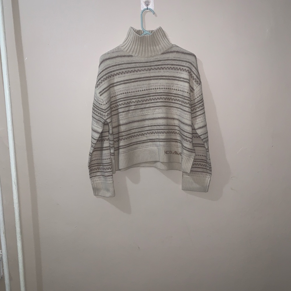 NWT Coach Cream and Gray Striped Turtleneck Sweater